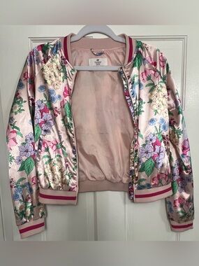 H&M Pink Floral Satin Bomber Jacket with Multicolor Blooms
